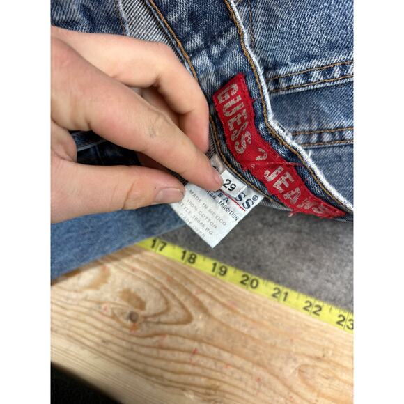 Vintage 90s Guess Denim Bootcut Jeans Mens 29x27 Blue Faded Distressed Hem - Picture 3 of 10